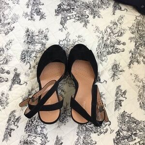 Clarks, worn once, butter soft black suede Peep Toe, Ankle Strap wedge! 8m!